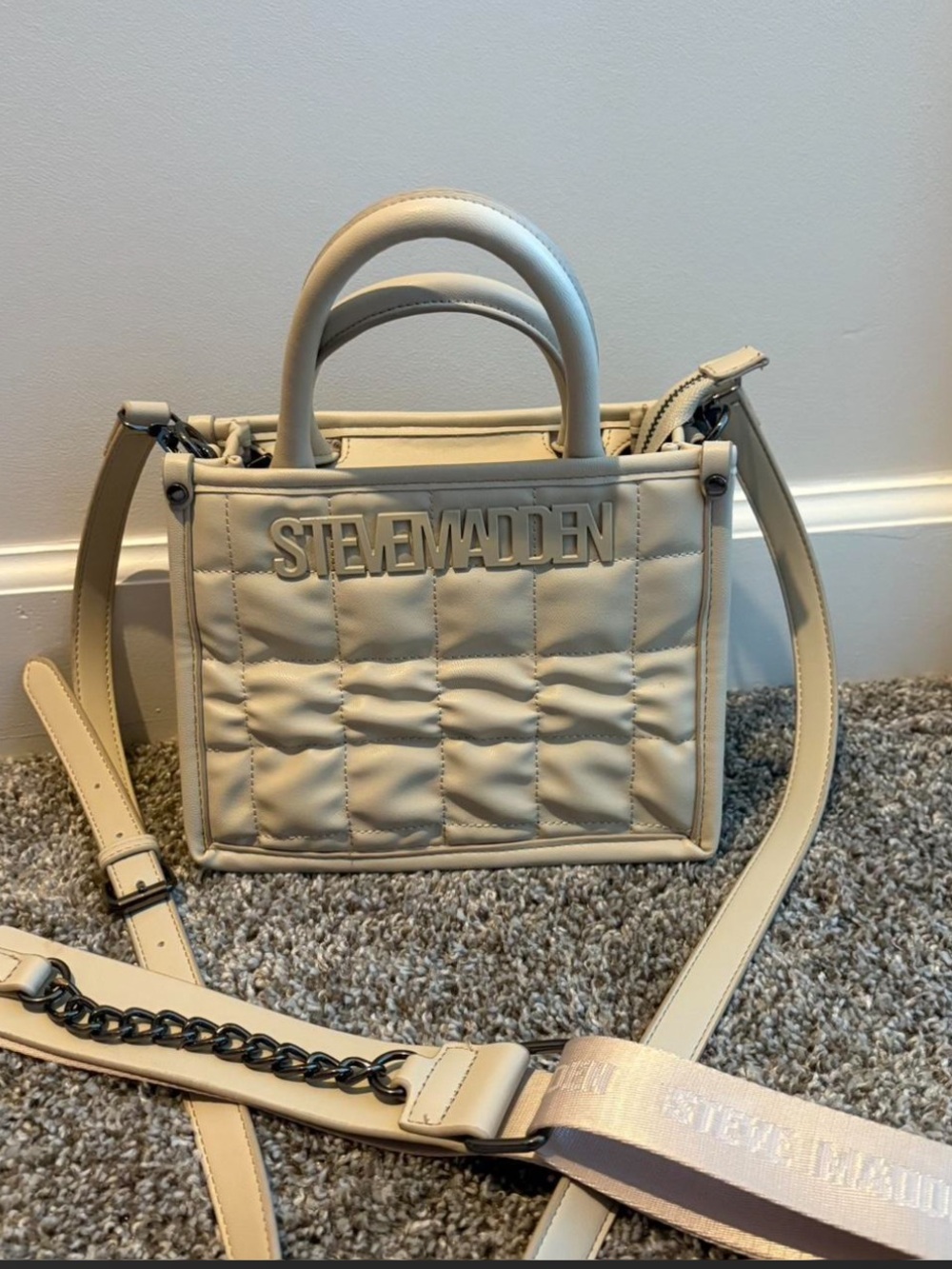 Steve Madden Quilted Cream Satchel with Detachable Strap